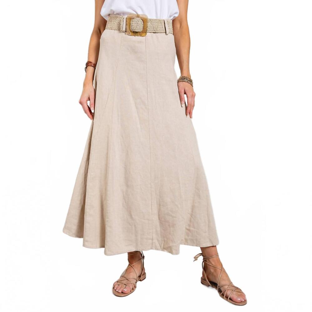 NEW SWEET GENERIS linen maxi flare skirt with trim belt in tan